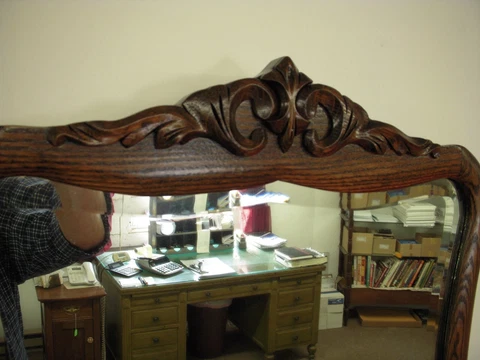 Antique Oak Frame mirror beveled edge ornate carvings 1900's refinished frame Cover