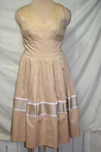 J. Peterman Blush Cotton Sateen V Dress Grosgrain Trim Pleats Built in Bust-8  - Picture 1 of 12