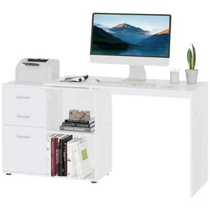 L-Shape Computer Office Table Work Desk Swivel Adjustable Storage Shelf White - Picture 1 of 12