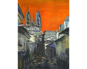 Basilica Voto Nacional rising colonial buildings of Quito, Ecuador art (print) - Picture 1 of 12