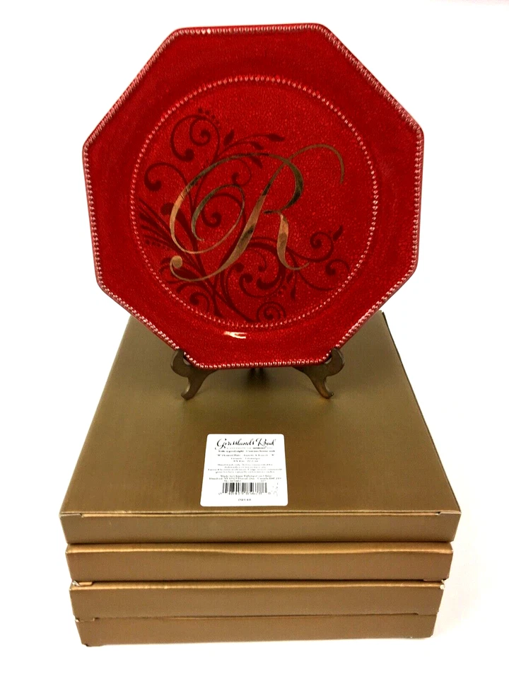 Set of 4 Grasslands Road Monogrammed Dessert Plate Red/Gold Letter R 8.75 in. - Image 1 of 4