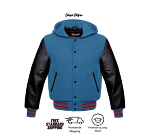 Men Casual Baseball Jacket Hood Vintage Varsity Hoodie Real Leather Sleeves - Picture 1 of 4