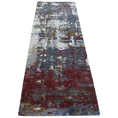 2'7"x8'1" Red Wool and Silk Abstract Design Hand Knotted Runner Rug G87211 - Image 1 of 4