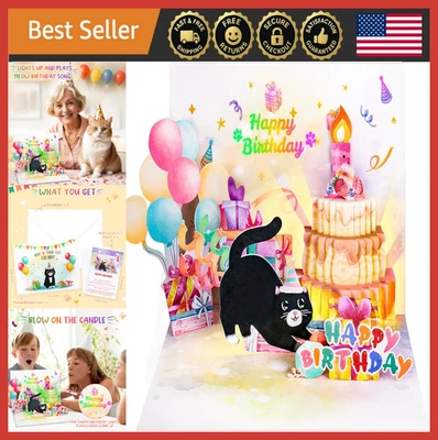 Linda Tarjeta de Cumpleaños para Gato con Música, Luces y Vela Soplable - Divertido Regalo Pop Up Foto 1 de 4