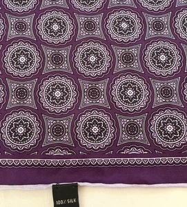 VINTAGE PURPLE MEDALLION PRINT HAND ROLLED 100% SILK POCKET SQUARE 16.5"x16.5" - Picture 1 of 11