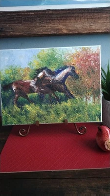 Hermoso óleo original sobre lienzo de dos caballos corriendo en el bosque Foto 1 de 4