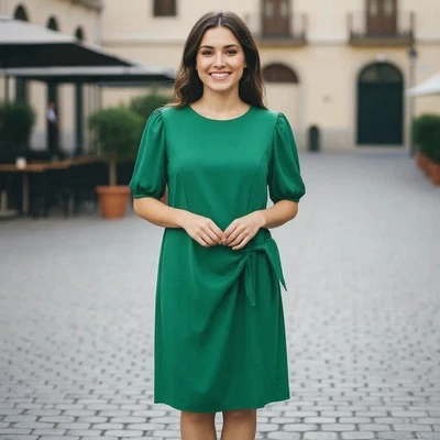 Vestido verde London Times 14 gravatas cintura folhada manga midi carreira trabalho festa - Imagem 1 de 4