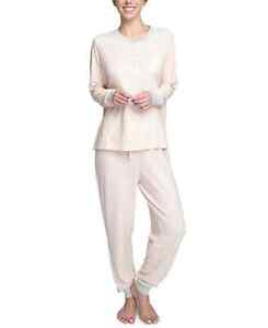 Hanes Women's Plus Size Butter-Knit 2-Piece Henley Pajama Set, Peach Dot, 1X