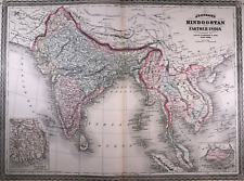 Old 1880 Johnson's Atlas Map ~ HINDOSTAN - FARTHER INDIA - SOUTHEAST ASIA