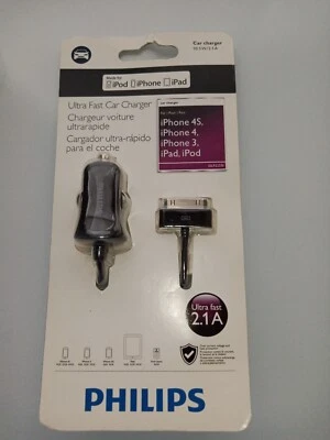  New Philips Ultra Fast Car Charger 2.1A iPod iPhone iPad 4s 4 3 3g DLP22551 - Imagem 1 de 3