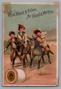 1800s Victorian Trade Card J & P Coats Thread Kids on Donkeys Ephemera 9807 - Picture 1 of 2