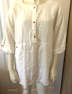 Blusa 100% Lino Blanco Cremoso Sauce Talla Med Bolsillo Botón Detalles - Imagen 1 de 5