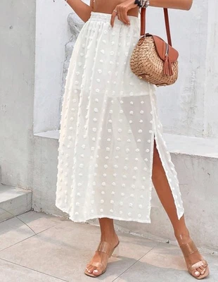 Women’s White Swiss Dot Maxi Skirt Size M Elastic Waist Side Slits w/Shorts NWOT - Image 1 of 4