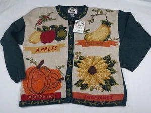 Vtg TIARA Womens M Cardigan Sweater Sunflower Pumpkin Apples Fall HARVEST NWT!  - Picture 1 of 12