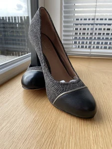 Hotter Boutique Admire Black Leather/Tweed Heeled Court Shoes Size 4.5 - BNWT - Picture 1 of 13