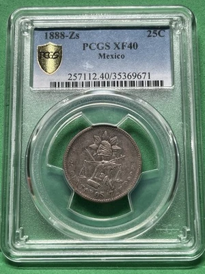 1888 Zs Z MÉXICO 25 CENTAVOS GRADUACIÓN PROFESIONAL XF 40 PLATA Pop 1. Dos superiores Foto 1 de 3