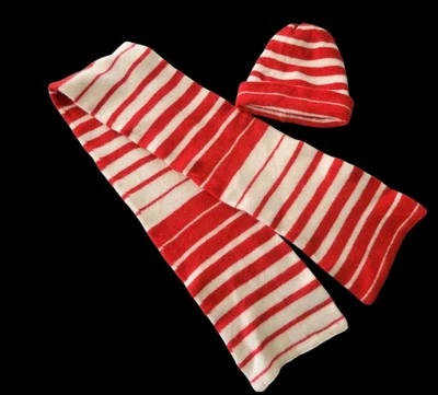 Vintage Saks Fifth Ave Merino Fine Wool Scarf Beanie Hat Set Stripe Red White - Image 1 of 4