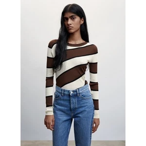 NWT Women's Mango Striped Ribbed Knit Crew Neck Long Sleeve Sweater size XL Boho - Picture 1 of 5