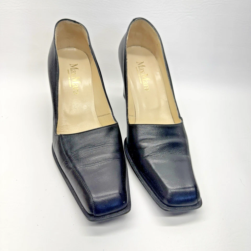 Max Mara Elegante Cuero Negro Italia Puntera Cuadrada Clásicos Zapatos de Tacones EU38.5/US8.5 Foto 1 de 4