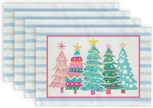 Christmas Placemats 12X18 Inch Set of 4, Xmas Trees Striped Winter Seasonal Holi - Picture 1 of 12