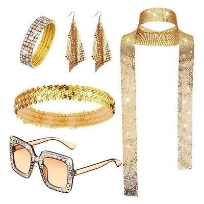 Accesorios de disfraces para mujer años 70 bufanda gafas conjunto de discoteca retro niñas trajes de fiesta Foto 1 de 4