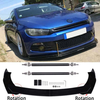 DREAMIZER For VW Scirocco Glossy Black Front Bumper Lip Splitter Spoiler + 2x Strut Rods