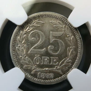 SWEDEN Kingdom 25 ore 1899 NGC AU 58 UNC Silver King Oscar Norway Graded Crown - Picture 1 of 3