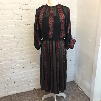 Richilene vintage 80s silk blouson illusion neck dress black and pink - Image 1 of 4