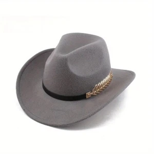 Gray Western Cowboy Cowgirl Hat Felt Wide Brim Fedora with Gold Leaf Accent - Picture 1 of 4