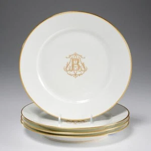Sevres Antique 19th C Gold & White French Porcelain Monogrammed Plate 9" 4 PC. - Picture 1 of 7