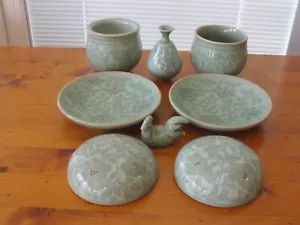 LOT Vintage Korean Celadon Crackle Porcelain Signed Pottery Cup Vase Dish Tea - Picture 1 of 8