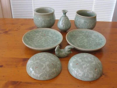 LOTE Vintage Coreano Celadon Crackle Porcelana Firmado Cerámica Taza Jarrón Plato Té Foto 1 de 4