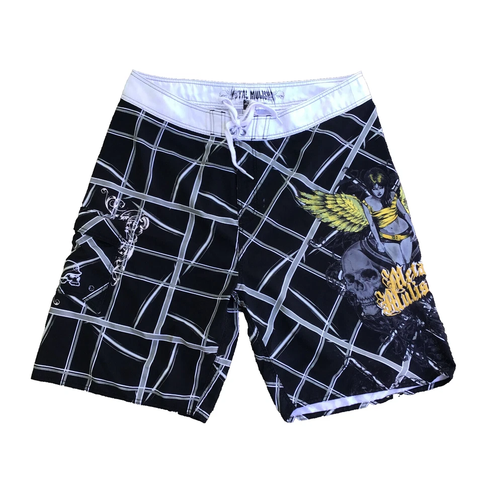 Pantalones Cortos Mulisha Metal Hombres Talla 38 Negros Mujeres Calaveras de Ángel Alas Gráficos Foto 1 de 4