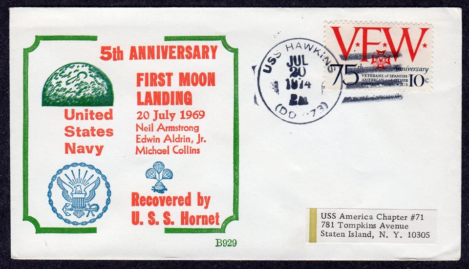 1973 USS Hawkins (DD-873) 5th Anniversary Man on the Moon NX321 - Image 1 of 1