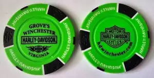 GROVE'S WINCHESTER HARLEY-DAVIDSON (VA) Neon Green/Blk Sig Poker Chip RENAMED - Picture 1 of 3