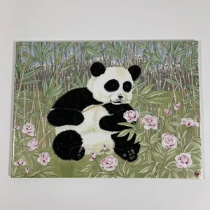 Vintage Panda Bear Eating Bamboo Floral Porcelain Salvaged Art Wall Tile, 11"x8" - Picture 1 of 19
