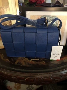 NWT ISADORA MADE IN ITALY LEATHER WOVEN FLAP CROSSBODY BLUETTE - Picture 1 of 4