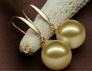 Pendientes de perlas de cáscara dorada natural australiana del mar del sur de 16 mm oro 14k + caja AAAA - Imagen 1 de 3