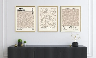 William Morris, Henri Matisse, Yayoi Kusama set of 3 prints beige neutral décor - Image 1 of 4