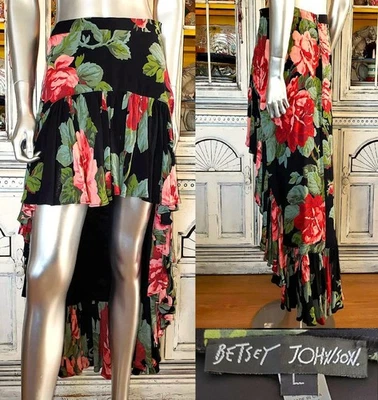 Betsey Johnson Vintage 90s Black Floral Cabbage Rose Mini Midi Dress Skirt Sz M - Image 1 of 4