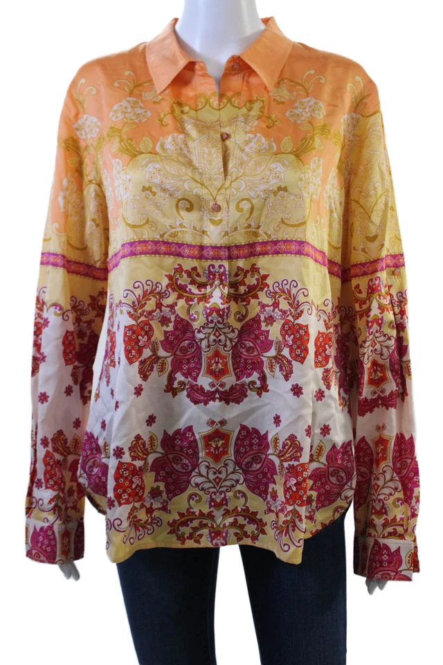 Robert Graham Women Paisley Orange Button-Up Cotton Silk Blouse Size L - Image 1 of 4
