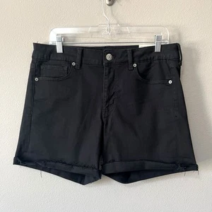 American Eagle Next Level Stretch Midi Low-Rise Jean Shorts Black Raw Hem Sz 14 - Picture 1 of 11