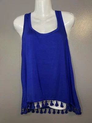 Camisa sin mangas Trina Turk para mujer grande azul borla dobladillo flecos espalda deportiva hecha en EE. UU. Foto 1 de 4
