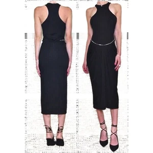 New T Alexander Wang Women Lux Ponte Silver Chain Belt Pleat Black Dress SAMPLE - Picture 1 of 5