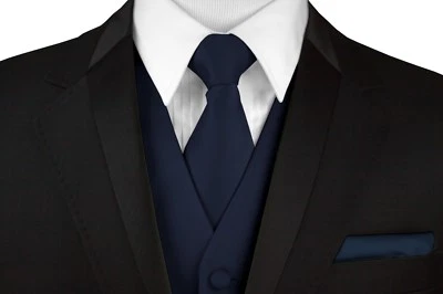 Men's Navy Blue Satin Tuxedo VEST, TIE & HANKIE. Wedding Formal Prom Homecoming - Image 1 of 4