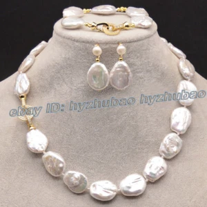 Enormes pendientes pulsera collar de perlas Keshi barrocas planas blancas del Mar del Sur de 18-22 mm - Imagen 1 de 28
