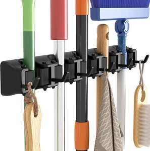 Wall-Mounted Mop and Broom Holder, 5 Slots and 6 Hooks, Black - Picture 1 of 12