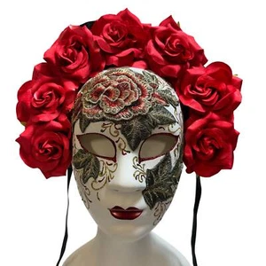 Day of the Dead Masquerade Mask Dia De Los Muertos Red Roses Full Face - Picture 1 of 8