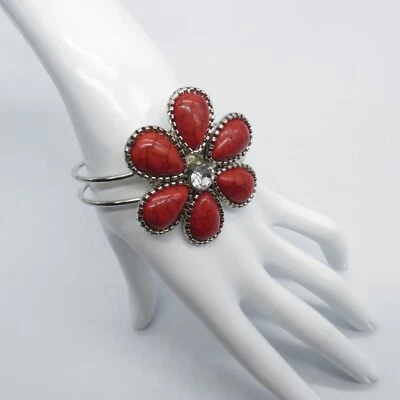 Red Cabochon Flower Hinged Bracelet Silver Tone Boho Bangle 7.25" - Image 1 of 4