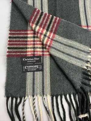 Christian Dior Monsieur Cashmaire scarf Gray & burgundy plaid 56”*11” RN 61486 - Image 1 of 4